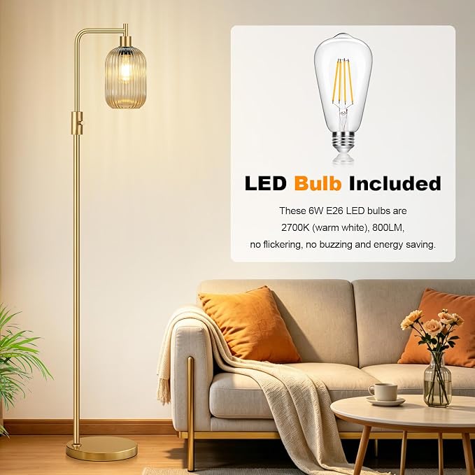【Upgraded】 Dimmable Floor Lamp for Living Room with Amber Ribbed Glass Lampshade, Gold Modern Floor Lamp with 900LM LED Bulb Included, Arc Standing Tall Lamp for Bedroom, Office, Reading Room, Corner