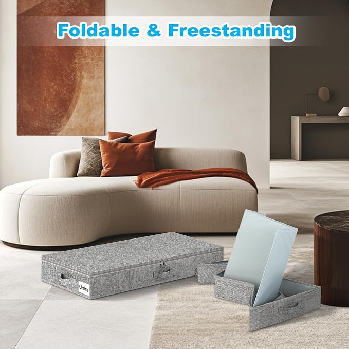 Under Bed Storage Container Bins 4 Pack, 4 Inch Thin Low Profile Underbed Clothes Storage Organizer for Dorm & Home, Use for Blanket and Toy Storage Box W/ Sturdy Bottom/Sides, Foldable Thick Fabric