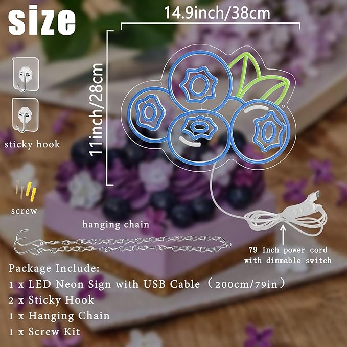 Blueberry Neon Sign for Wall Decor, Dimmable Fruit Blueberry Neon Lights, Vibrant Fruit Themed Neon LED Signs for Kids Room, Bedroom, Restaurant, Bar, Club, Fruit Shop, Birthday Party