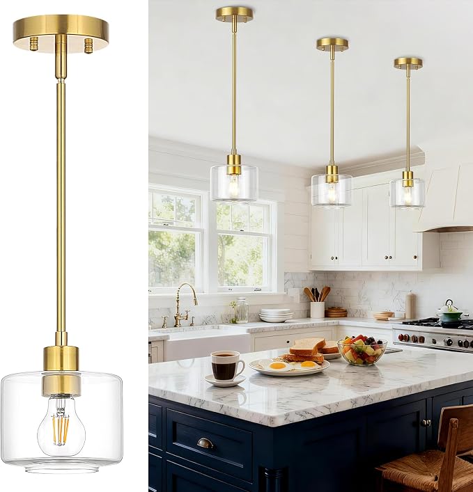 Brushed Gold Pendant Lights Kitchen Island, 1-Light Modern Clear Glass Hanging Light Fixtures with Rods, Mini Kitchen Pendant Lighting Over Island for Sink Bathroom, OS-YQ8153-1PBGC