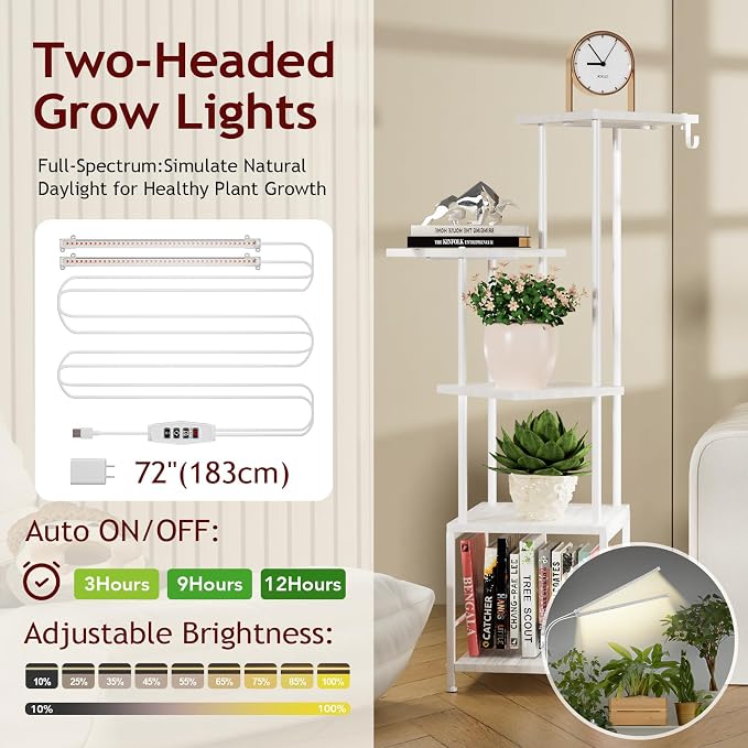 Plant Stand Indoor with Grow Light - 5-Tier Metal Plant Shelf with Hanging Basket Hook, Corner Tall Flower Holder for Multiple Plants, Living Room Balcony Garden Patio, White