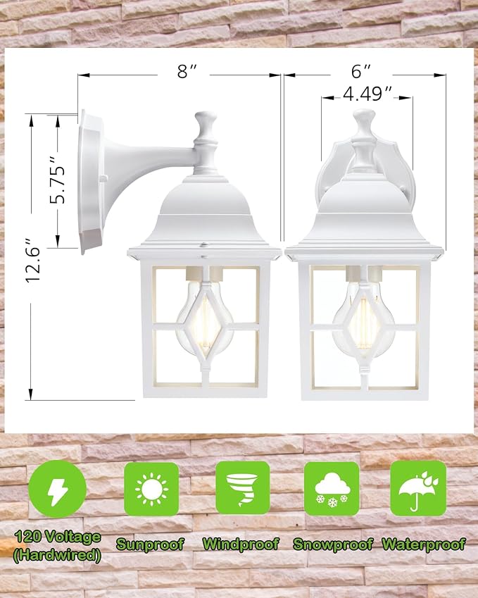 Outdoor Wall Light Fixture, Rustproof Aluminum, Glass | Large Exterior Porch Light Wall Sconce Lantern for House, Patio, Garage, Waterproof, E26 Socket 60W Max, White