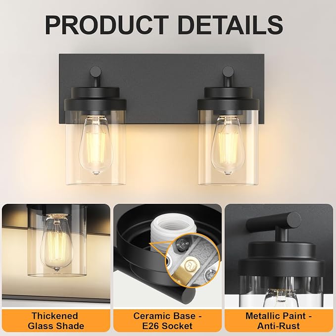 IZORRO Bathroom Vanity Light Fixture, 2-Light 15 Inch Matte Black Bathroom Light Fixtures Over Mirror, with Clear Glass Shade, Modern Farmhouse Vanity Lights, Rustic Restroom Lighting Fixtures