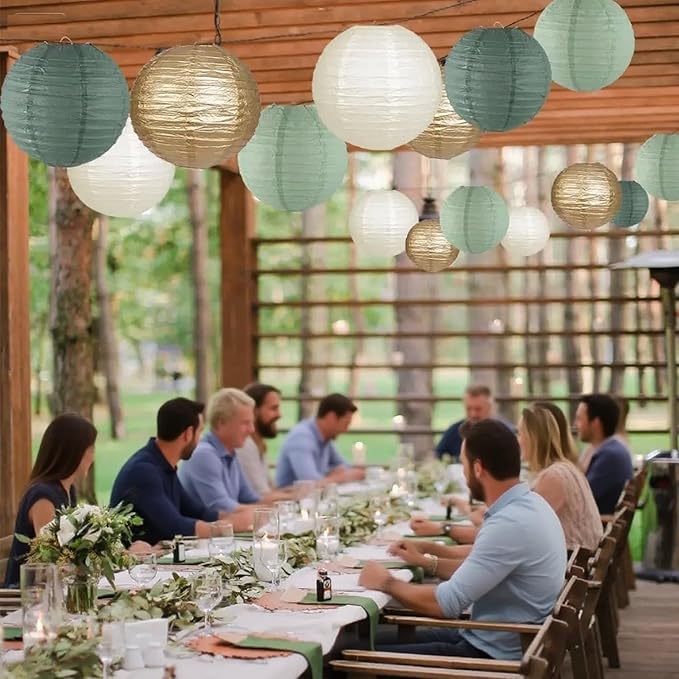 Green White Gold Paper Lanterns, 12Pcs Chiese Lanterns for Birthday Baby Shower Gender Reveal Wedding Party Decoration