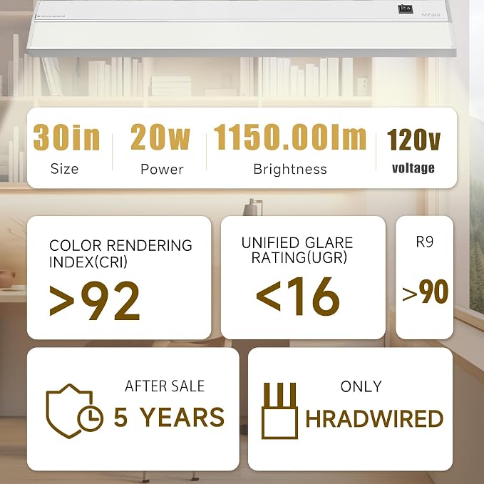 Hardwired Under Cabinet Lighting, 30in 20W LED Light for Kitchen/Closet, 1150lm, CRI>92, R9>90, 5 Color Temperature, Dimmable, 2700K-5000K(Warm White, Cool White, Daylight)