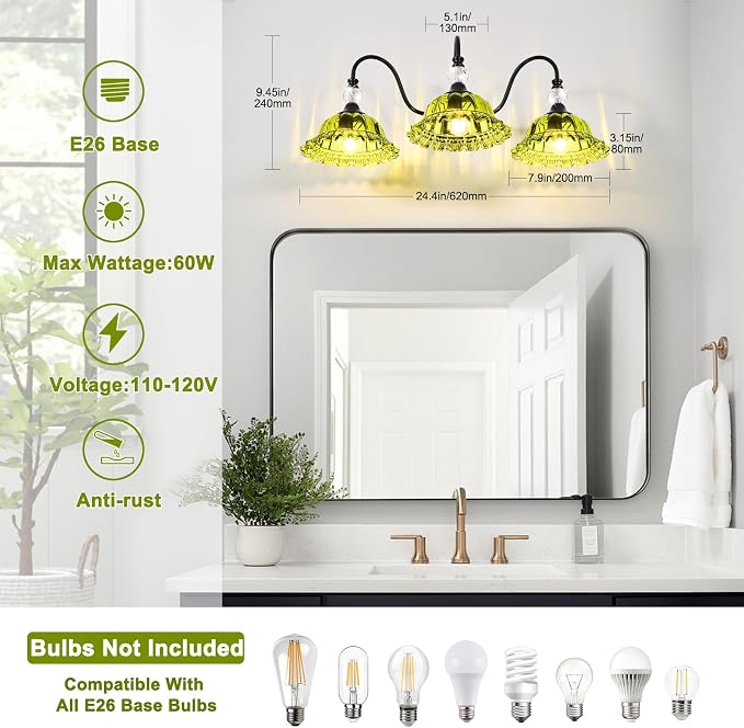 Vintage Bathroom Vanity Light Fixtures 3 Lights Matte Black Vanity Lights for Bathroom with Floral Green Crystal Glass Shades Vanity Wall Lights for Mirror Bedroom Living Room Hallway