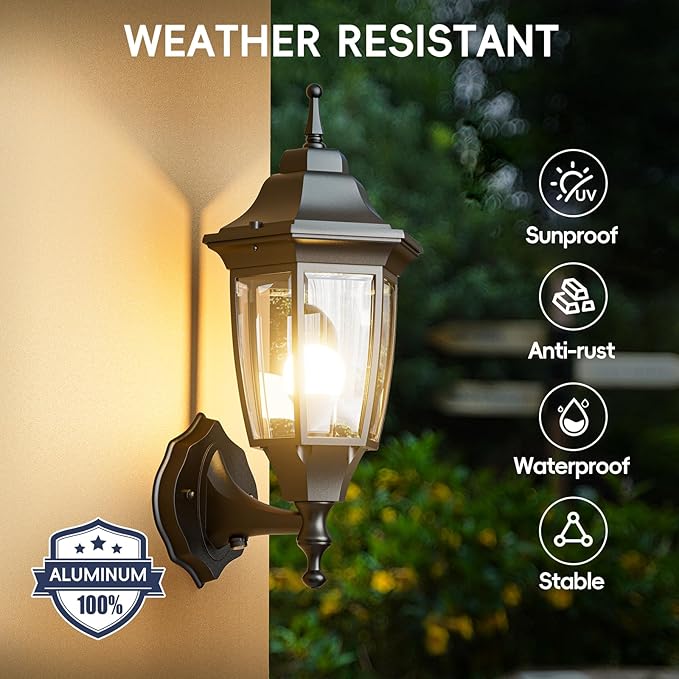 EMART Dusk to Dawn Outdoor Porch Light, Exterior Anti-Corrosion, Waterproof Aluminum & Glass Shades Wall Lamp Fixture, Modern Sconce Lantern for Yard, House, Garage - 1 Pack, Black （Bulb Included）