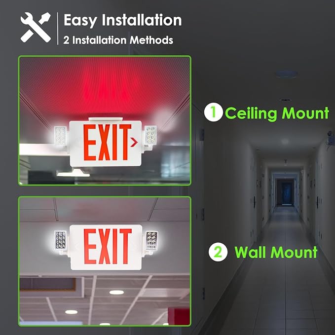 Gruenlich Exit Sign with Emergency Light, Double Face, Battery Backup | Hardwired LED Combo Exit Light for Bussiness, Two Bright and Adjustable Heads, Red, UL 924 and CEC, 120-277 Voltage, 6 Pack