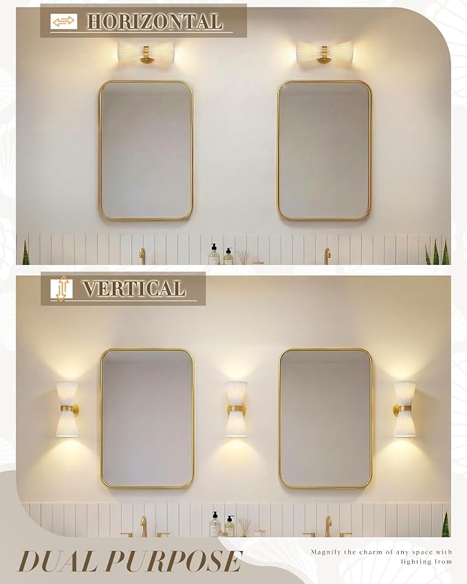 Gold Sconce Wall Lighting, HWH Single Wall Vanity Light Fixture for Living Room, Bathroom Wall Sconces with Milk White Striped Fabric Shade, Brushed Gold Finish, 5HZG97B-2W BG-FB