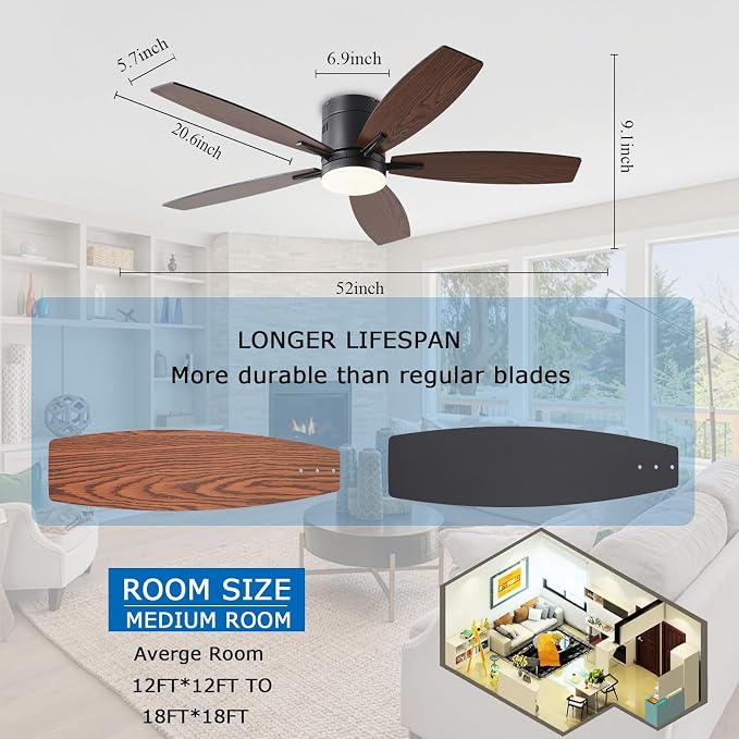 KNUN 51 inch Ceiling Fan with Light and Remote/App Control, Flush Mount Low Profile, Reversible DC Motor, Brown Modern Ceiling Fan with Light, Dimmable,Noiseless,for Bedroom Living Room
