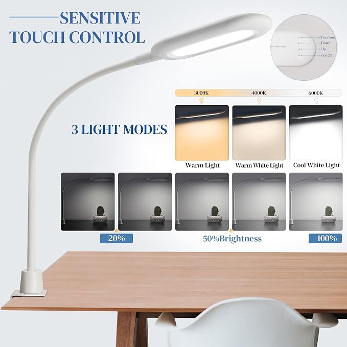 LED Reading Lamp, Eye Care Table Light Bright Enough for 700 Lumen, 10W Dimmable & 3 Color Modes, 360° Swivel Lamp Head Touch Desk Lamp for Home Office/Reading/Work (White)