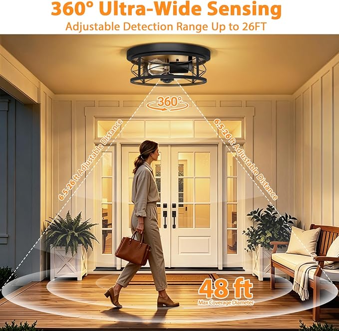 Motion Sensor Outdoor Ceiling Light, Dusk to Dawn Flush Mount Light Fixture | 3 Smart Lighting Modes, Upgraded Motion Sensor with 360° PIR Detection for Outside Patio Hallway Driveway Garage Exterior