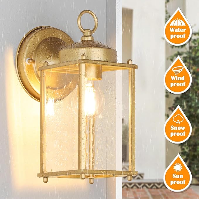 Large Outdoor Wall Lantern, Exterior Waterproof Wall Sconce Light Fixtures, Gold Front Door Lighting with Clear Beveled Glass, Anti-Rust E26 Socket Porch Lamp, 2 Pack