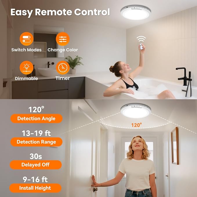 Battery Operated Ceiling Light, Motion Sensor Closet Light with Remote | 2 Packs Magnetic Ceiling Light, 10000mAh, Timer Function, 3 Modes 3 Color 10 Brightness, for Home Stairs Hallway Landry
