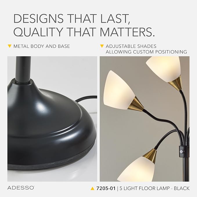 Adesso 5-Light Floor Lamp, Black, Movable Shades, Adjustable, 67”