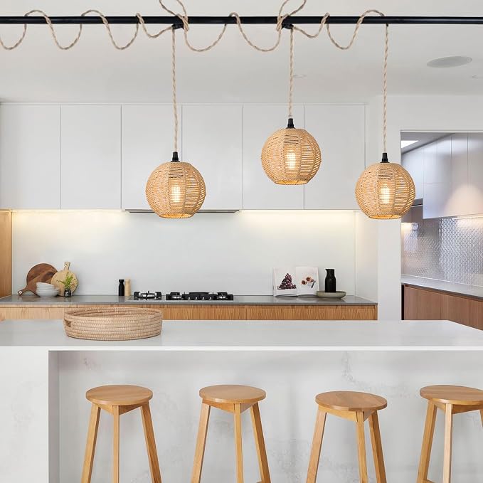 3 Lights Plug in Pendant Light with Cord On/Off Switch | Rattan Hanging Lamp with 22ft Hand Woven Wicker Plug in Chandelier Boho Hanging Lights Fixture