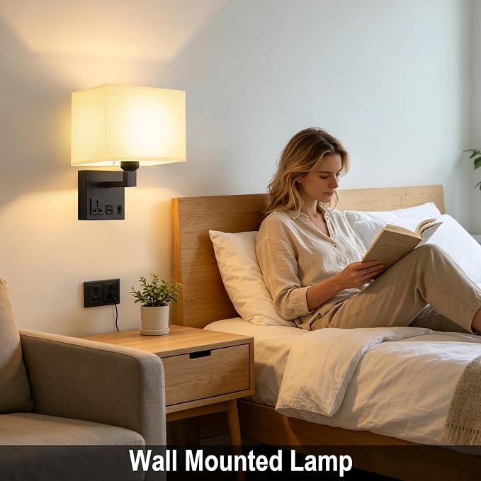 Plug in Wall Sconces, Wall Lamp with Black Base Square lampshade | Wall Lights for Bedroom Bulb Included, Wall Mounted Lamp with 3 Color Temperature, Bedside Lamps with USB Ports and AC Outlet