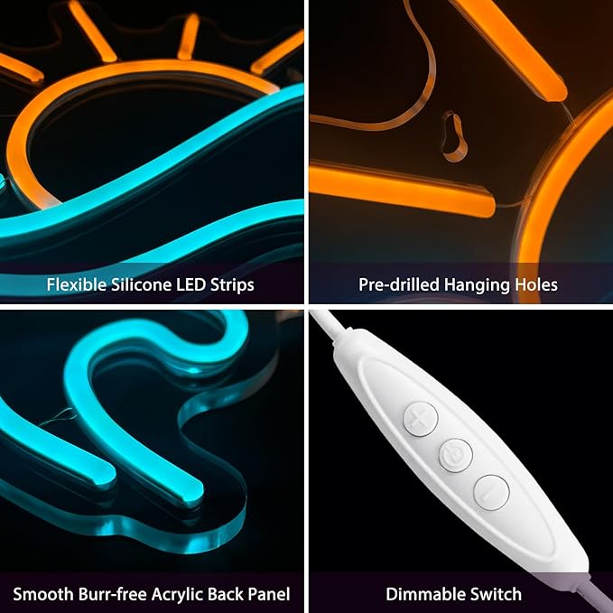 Sunrise Sunset Neon Sign, Dimmable Sun Sea Wave LED Neon Light for Wall Decor, USB Powered Ocean Surf Neon Signs, Acrylic Sun Sign for Bedroom Living Room Bar Cafe Game Room Birthday Party Christmas
