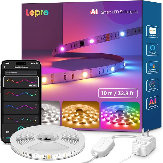 Lepro S2 AI Smart LED Strip Lights 32.8FT RGB+CCT WiFi Bluetooth for Room | 2700K-5700K tunable white,AI lighting designer,Rainbow chasing effects,Music sync,Color segment control,Smart scenes,Bedroom
