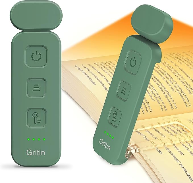 Gritin Reading Light, Rechargeable Book Light for Reading in Bed | Eye Caring 3 Color Temperatures, 5-Level Dimmable Brightness, Long Lasting, Compact Size Clip on Book Lamp-Dark Green