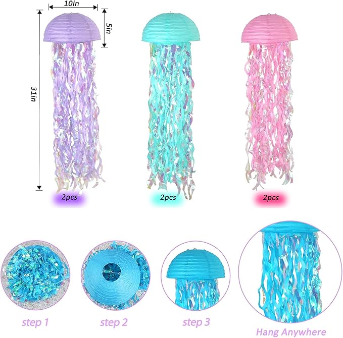 ADLKGG Hanging Jelly Fish Paper Lanterns, Pink Purple Blue Gradient Colorful Paper Lanterns for Mermaid Theme Birthday Party Under The Sea Ocean Baby Shower Indoor Outdoor Decorations
