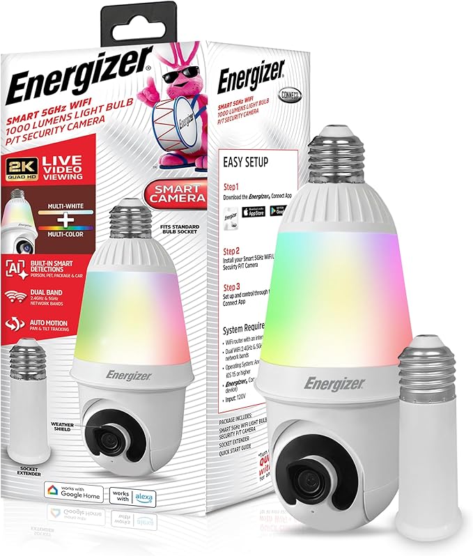Energizer Smart 2K Light Bulb Security Camera, 1000 Lumens LED Light, 5G&2.4G Wi-Fi Outdoor Socket Camera, Pan Tilt Auto Tracking, (White, AI Smart Detection Built-in)