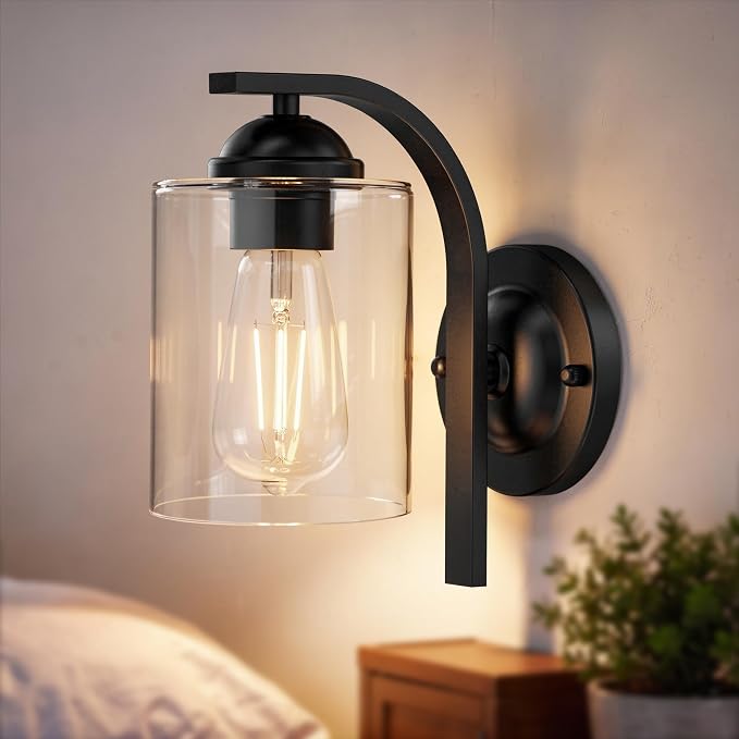 Wall Sconces Lights Lamp for Bedroom Bathroom, Modern Vanity Light Fixtures, Matte Black Farmhouse Wall Mount Lighting Lanterns with Clear Glass Shade for Living Room Mirror Hallway Kitchen