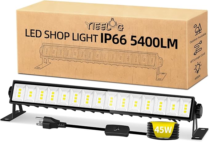 LED Shop Light 5400LM 45W Super Brighter, Plug in Garage Light with 6FT Cord and On/Off Switch, 6000K IP66 Waterproof Outdoor Work Shop Bay Lighting for Garage Workshop Warehouse Factory Yard