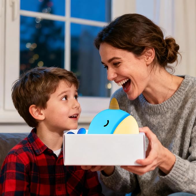 Cute Narwhal Night Light, Tap Control with 3 Warm White Brightness, USB Kids Bed Lamp with 30-Minute Timer, Soft Silicone Glow for Nursery, Birthday Gift(Blue Narwhal)
