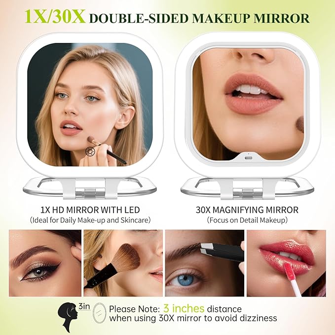 FUNTOUCH 30X Magnification Lighted Makeup Mirror, 7" Rechargeable Double Sided Travel Vanity Mirror with Lights, 3 Color Lights & Adjustable Brightness, 300°Rotation, Gift for Women,White