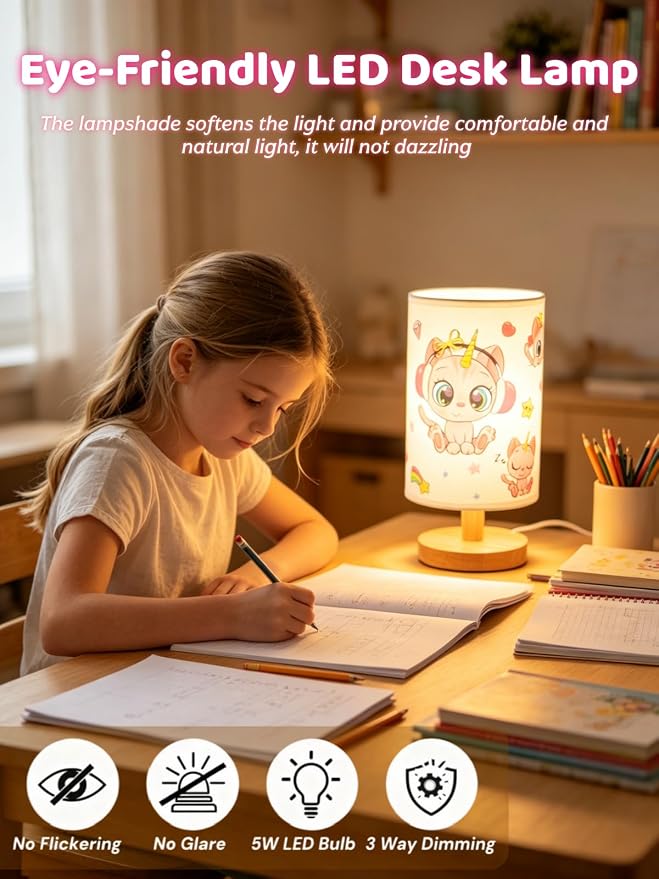 Cat Lamp,Kitty Gifts for Girl,Kids Table Lamp for Bedroom Bedside Lamps,3 Colors Dimmable LED Nightstand Night Light with Flaxen Fabric Shade Desk Lamp for Boys Girls Room Nurser Decor