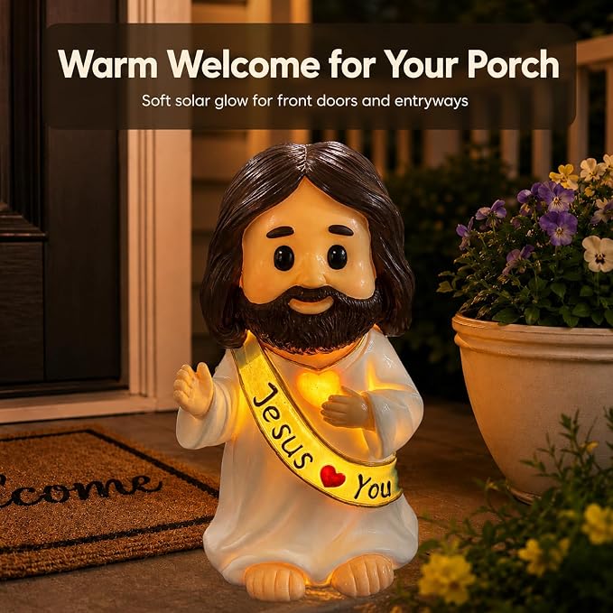 YDKOJGW Solar Garden Outdoor Statues with Succulent and 7 LED Lights - Lawn Decor Tortoise Statue for Patio, Balcony, Yard Ornament - Unique Housewarming Gifts (Multicolor-Jesus)