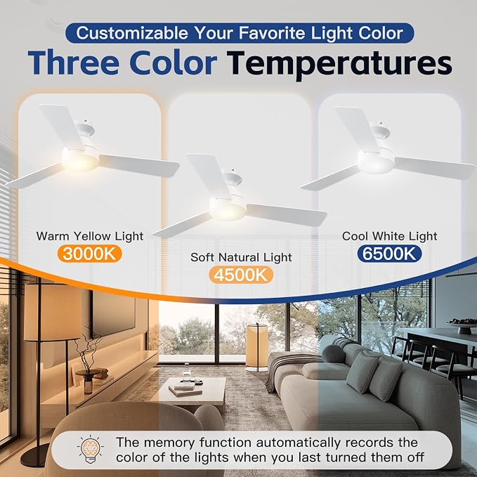 42 Inch Ceiling Fans with Lights And Remote, 3CCT/Flush Mount/6 Speed/White | Flush Mount Low Profile Ceiling Fan, 6 Speed Noiseless LED Ceiling Fan, White Ceiling Fan with Remote for Bedroom Living Room
