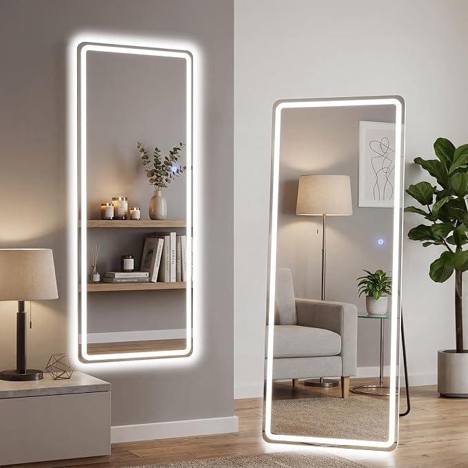 16"x60" LED Full Length Mirror with Stand, Full Body Wall Mirror | LED Lights 3 Color Lighting, Wall Hanging or Leaning, Floor Standing, Modern Simple Home Wall Decor