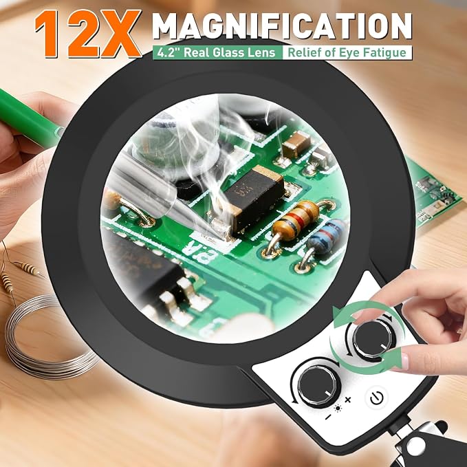 Magnifying Glass with Light, Overhead Knob Magnifier Lamp 12X | 35in Adjustable Arm For Craft Repair Sewing Workbench Close Work, LED Magnifying Light Real Glass Stepless Dimming and Color