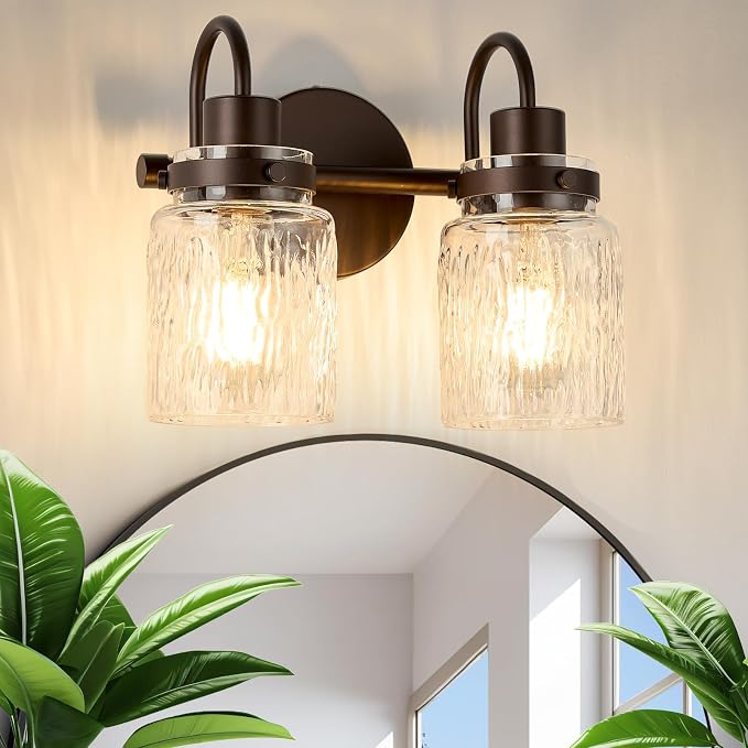 2 Lights Hammered Glass Bathroom Vanity Light, Oil Rubbed Bronze | Easy Installation,Up or Down,Farmhouse Modern Style,E26 Socket,ETL Certification