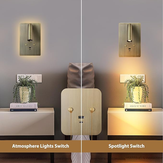 ZEROUNO Wall Mounted Reading Light,Dimmable Plug in Wall Sconce with USB A+C Ports,Touch Control Indoor LED Wall Lighting for Bedroom Bedside 3000K
