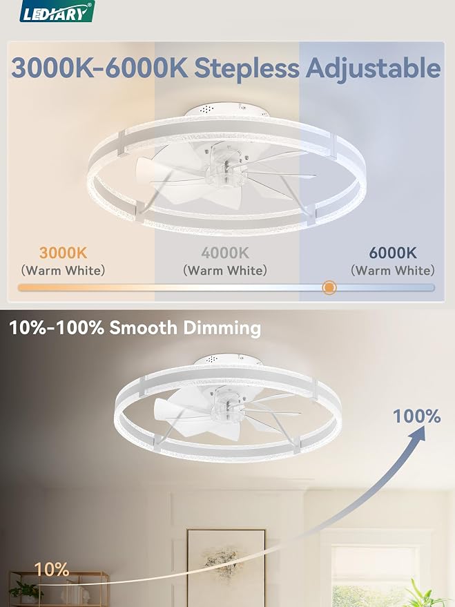 LEDIARY 24'' Modern Low Profile Ceiling Fans with Lights and Remote, White | 3000-6000K Dimmable LED, 6 Wind Speeds, Quiet Reversible DC Motor, Small Flush Mount Fandelier for Bedroom, Living Room