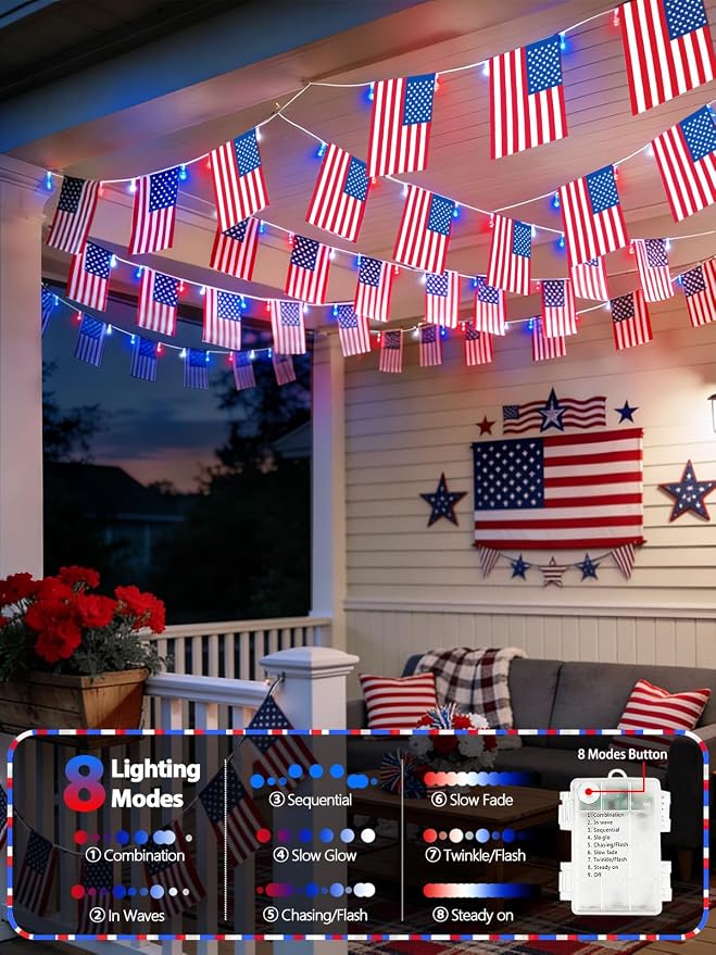 4th of July Lights 2PK Red White and Blue Battery String Lights with Flags | Total 48FT 100 LED wiht 50 American Flags, 8 Modes & Timer, IP44 Waterproof Patriotic Fairy Lights for Independence Day Decor