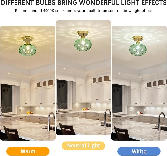7.9″ Vintage Small Green Semi Flush Mount Hallway Ceiling Light ,2 Pack | Art Deco Hammered Glass,Whimsical,MCM,Gold Mid Century Light Fixtures for Closet Cottage Entryway Laundry Room Foyer