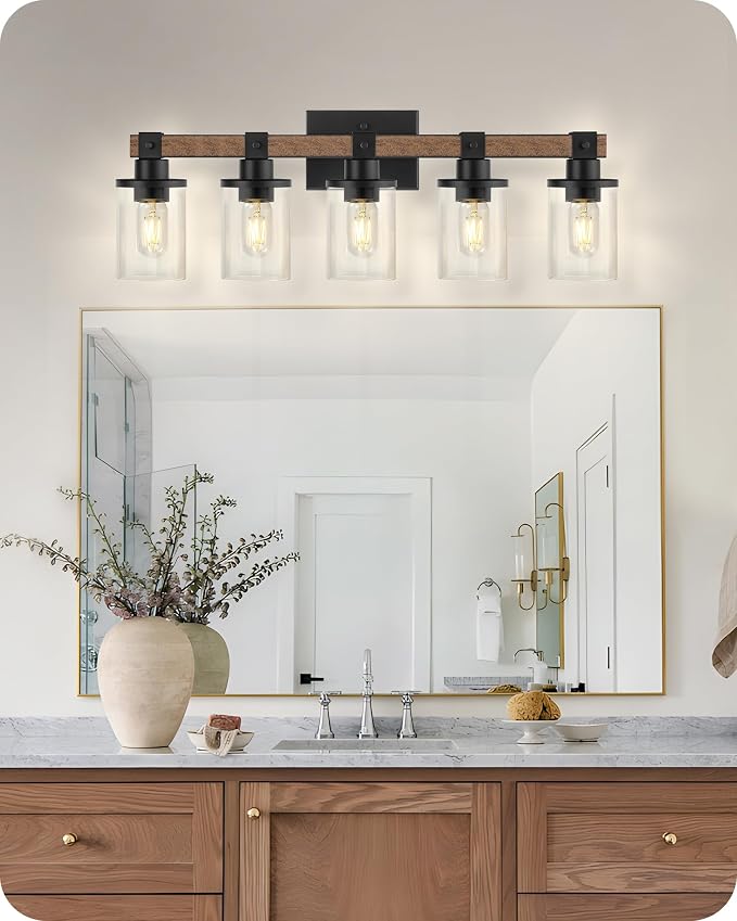 5-Light Bathroom Light Fixture, Farmhouse Vanity Lights for Bathroom with Glass Shade, Rustic Bathroom Light Fixtures, E26 Base F10BD05W1