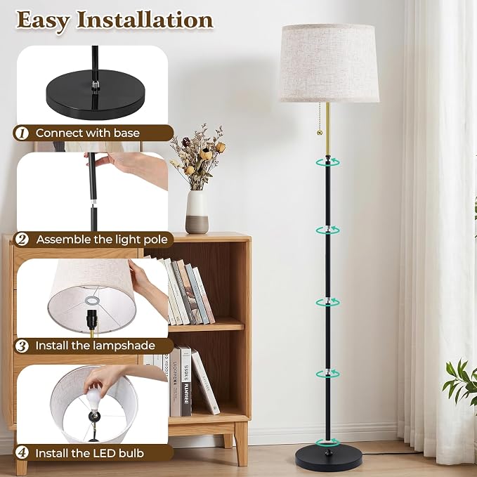 Floor Lamps for Living Room & Bedroom, 60" Modern Tall Standing Lamp, 3CCT | Lamps for Office, Classroom, Bedside, Linen Lampshade, Pull Chain Switch, Modern Design, Anti-glare Lighting, Easy Assembly