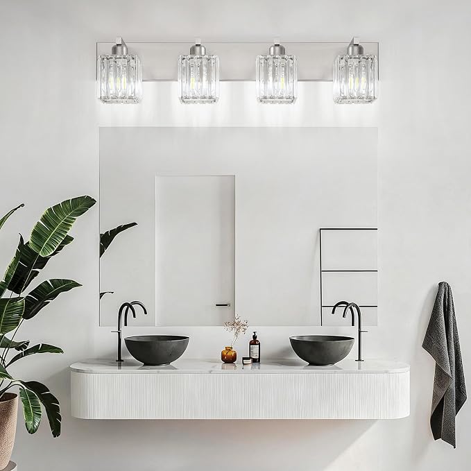 Aipsun Brushed Nickel Bathroom Lighting Fixtures 4 Light Crystal Modern Bathroom Vanity Light (Exclude Bulb)