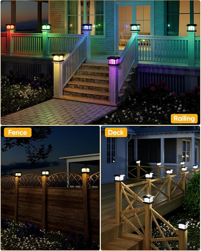 PARTPHONER RGBCW Solar Post Cap Lights 12-Pack, 9 Colors 3 Modes Fence Cap Lights, Bright Solar Outdoor Waterproof LED Deck Lighting for Fence Garden Deck Patio Porch Decor 4x4 Vinyl/Wood, Black