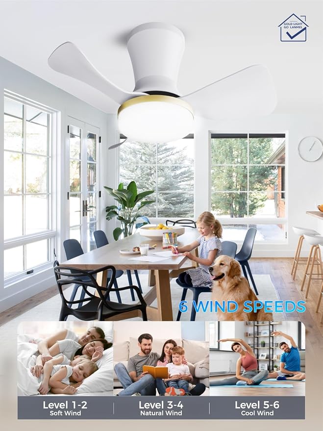 LANMEL Metal Ceiling Fan with Lights and Remote, 22 Inch, Gold & White | Modern Low Profile Flush Mount, Reversible, 3CCT Dimmable, Quiet, LED, For Bedroom, Living Room, Indoor/Outdoor Patio Use