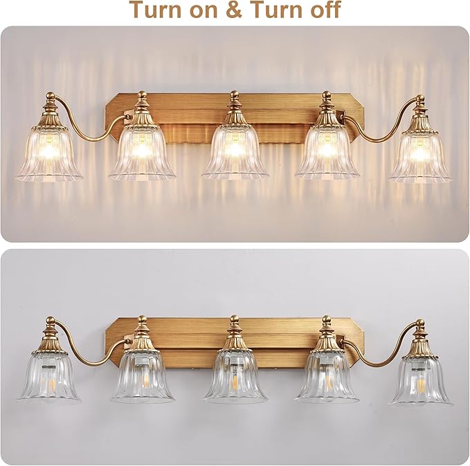 Gold Vintage Bathroom Light Fixtures, 5-Lights Bathroom Vanity Light, Antique Brushed Gold Lighting Fixtures Over Mirror with Crystal Glass Shade, Wall Sconce Lighting