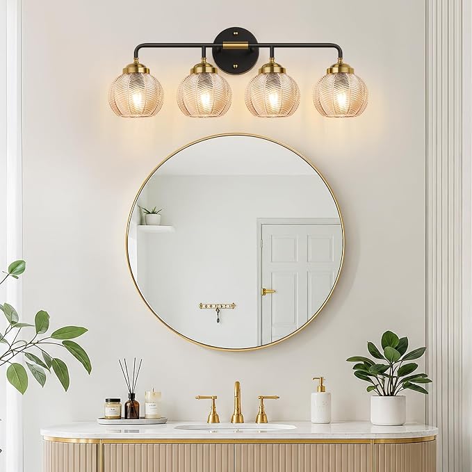 MOKATNG Bathroom Light Fixtures, 4-Light Amber Vanity Lights with Unique Leaf Texture Glass Shade, Modern Matte Black and Gold Bathroom Wall Lamp for Mirror Hallway Cabinet Living Room