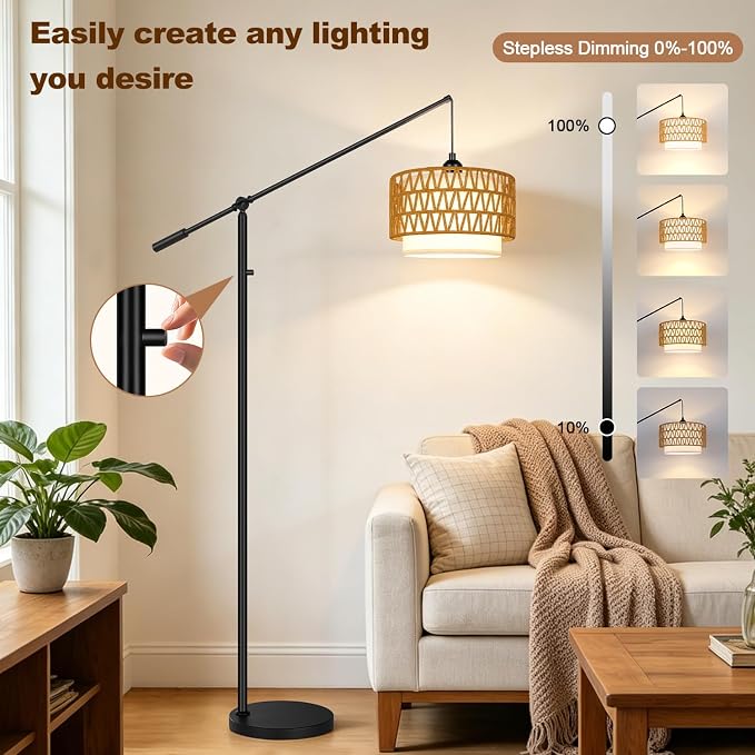 【Upgraded】Boho Arc Floor Lamp with Adjustable Swing Arm, Farmhouse Rustic Floor Lamp with Rattan & Fabric Shades, Rattan Standing Lamp with 11W Bulb, Tall Lamp for Living Room Bedroom Office, Black
