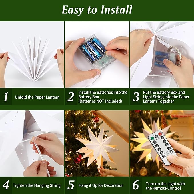 Lewondr Christmas Paper Star Lantern, 2PCS Hanging Star Lights with 8 Lighting Modes, 4 Levels Dimming, 6 Hour Timer Function, LED Paper Lanterns with Remote Control for Holiday Home Decoration