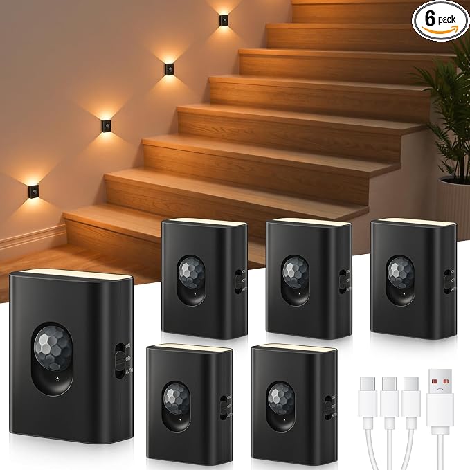WILLED Rechargeable Motion Sensor Stair Lights Indoor, Magnetic Night Light | Mini Warm White Wireless LED Hallway Light with 3-in-1 Charging Cable for Stairway, Bathroom, Bedroom, Kitchen & Closet